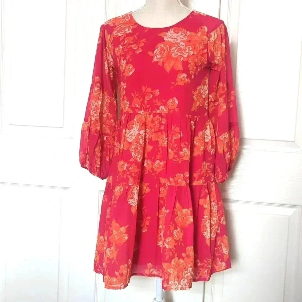 SASSAFRAS Fuchsia Floral Drop Shoulder Tiered Dress - Picture 4 of 8